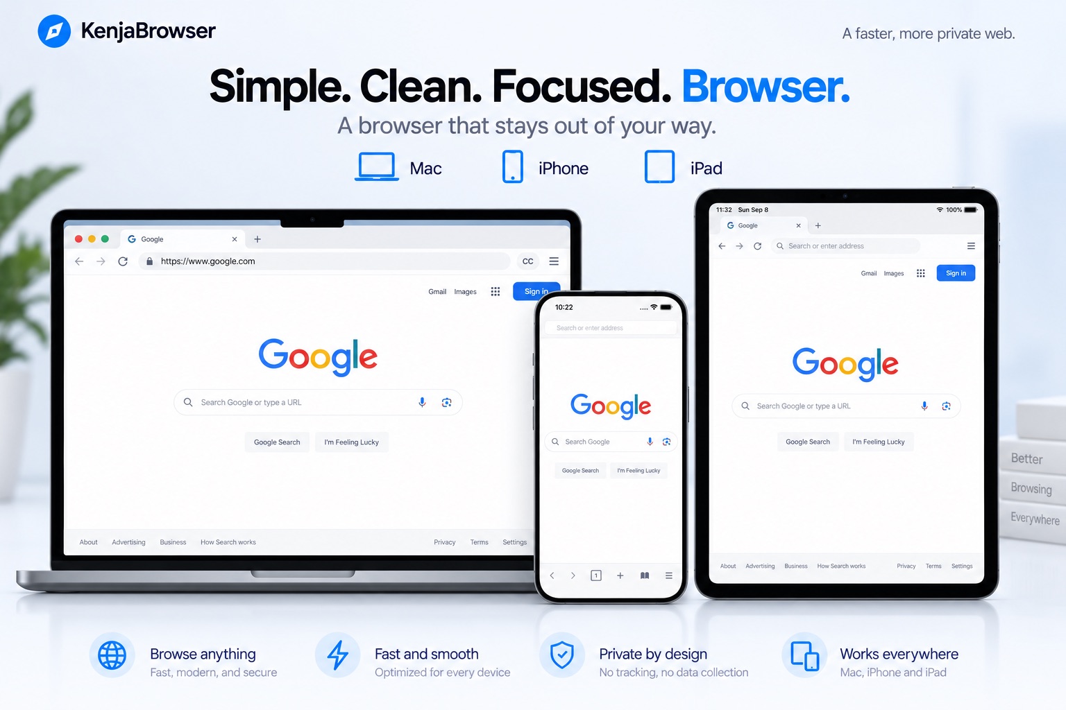 KenjaBrowser running side by side on a Mac, an iPad, and an iPhone