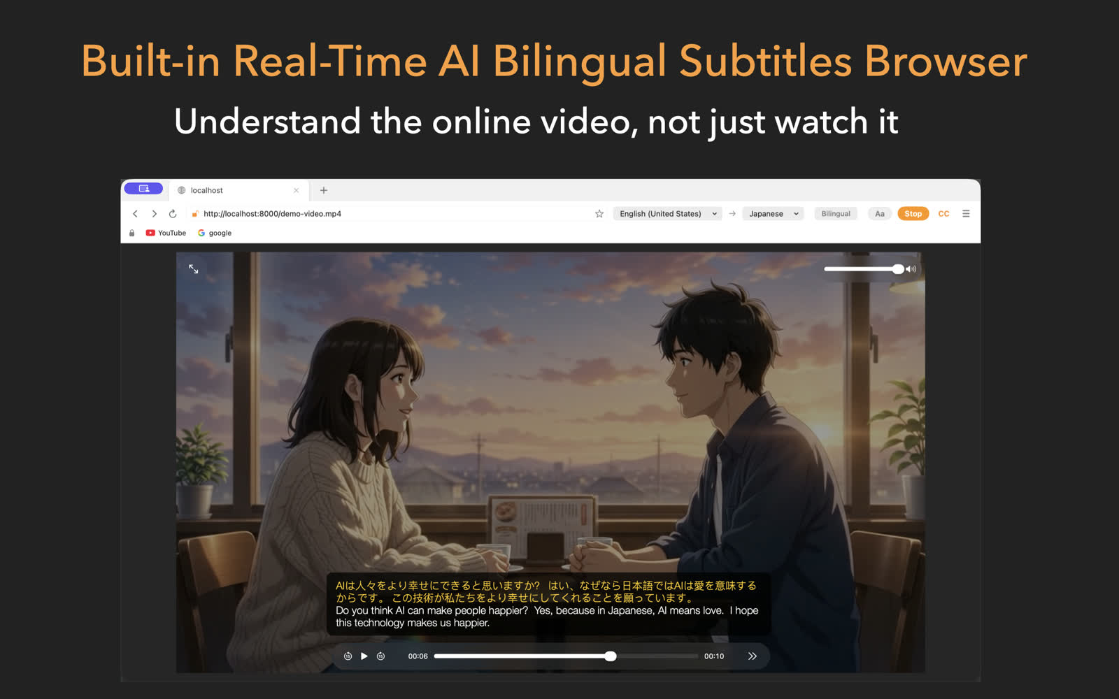 KenjaBrowser showing a YouTube video with a floating bilingual caption bar translating English speech to Chinese in real time