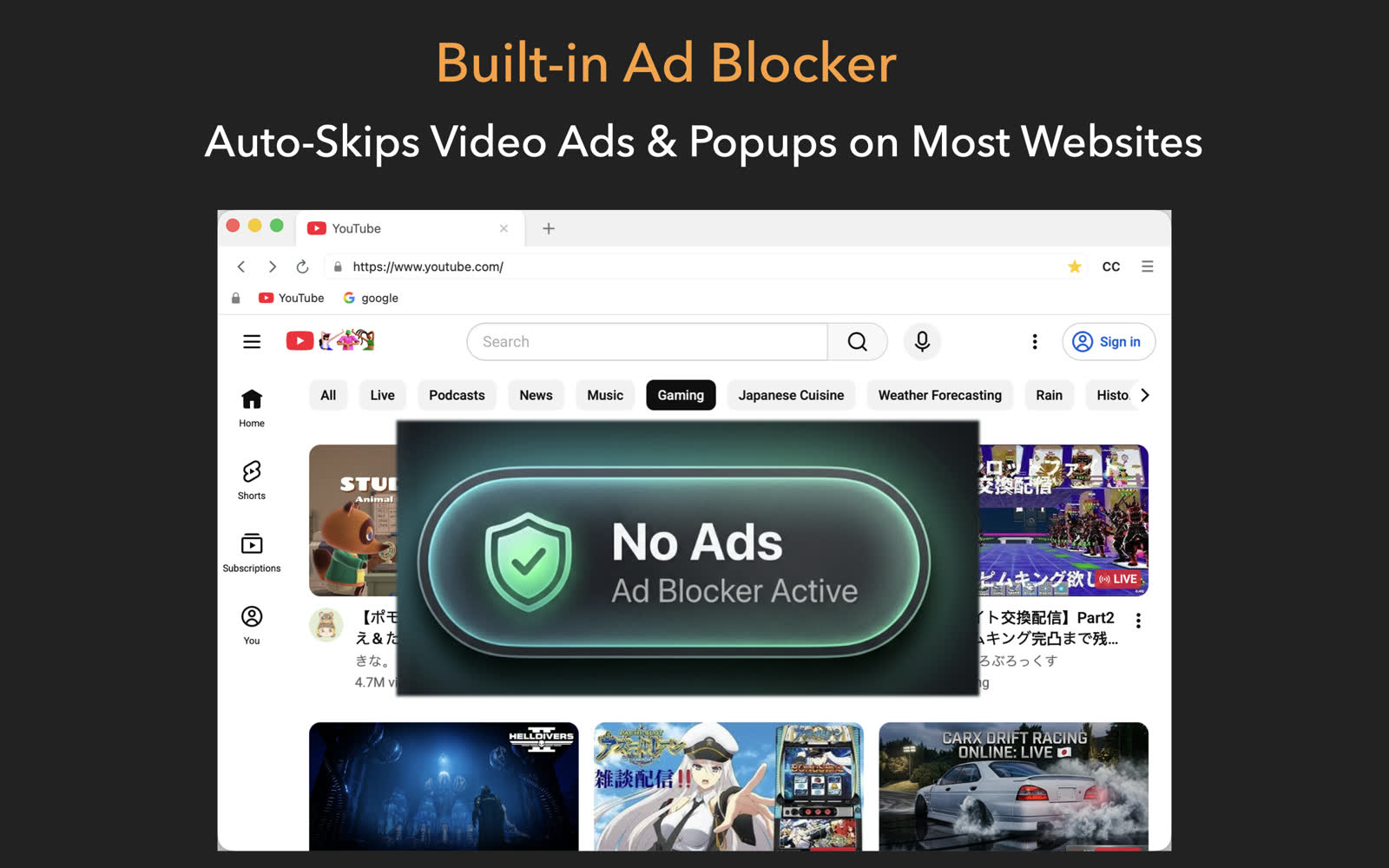 KenjaBrowser's built-in ad blocker automatically skipping video ads and popups on a website