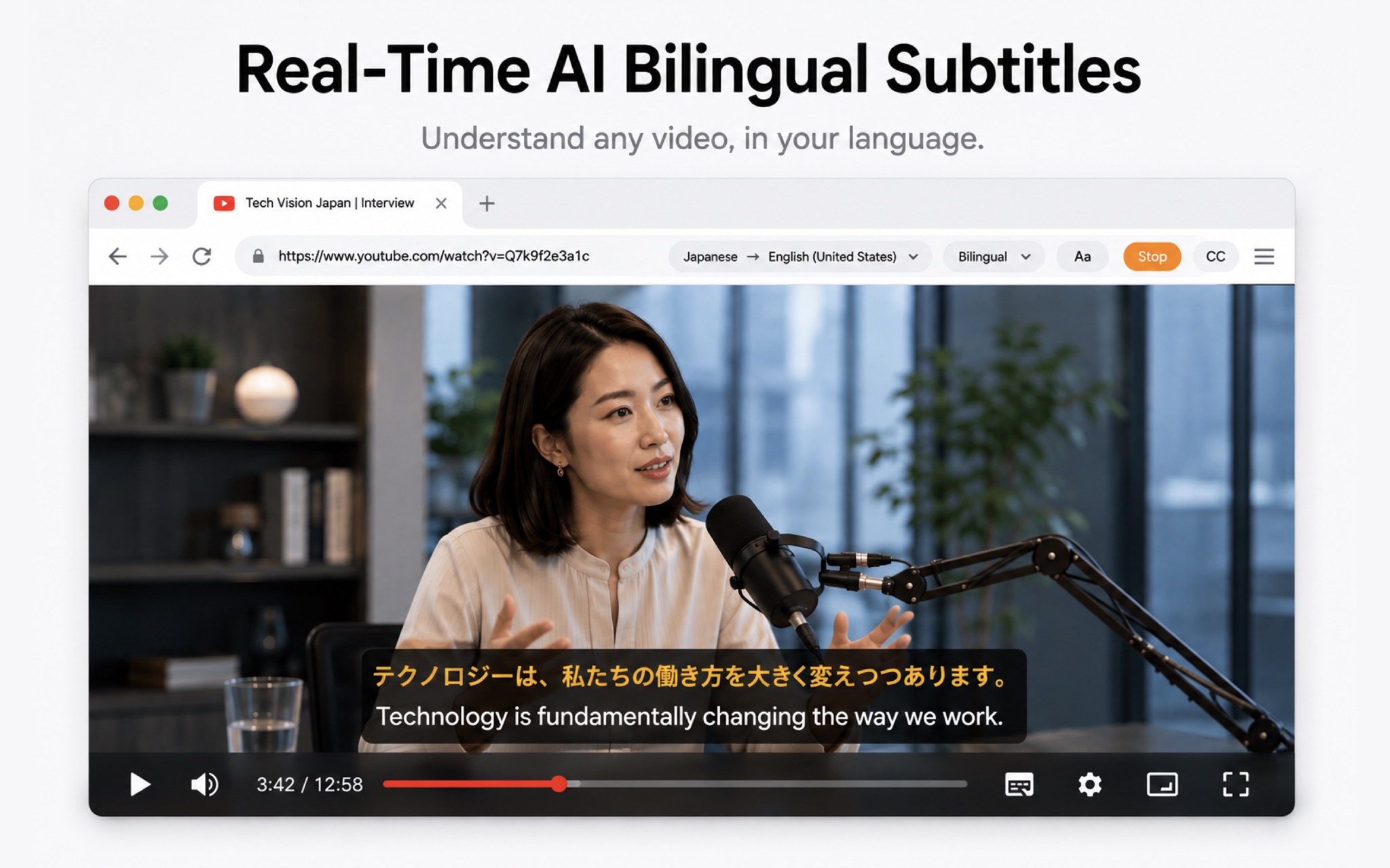 KenjaBrowser showing a YouTube video with a floating bilingual caption bar translating speech in real time