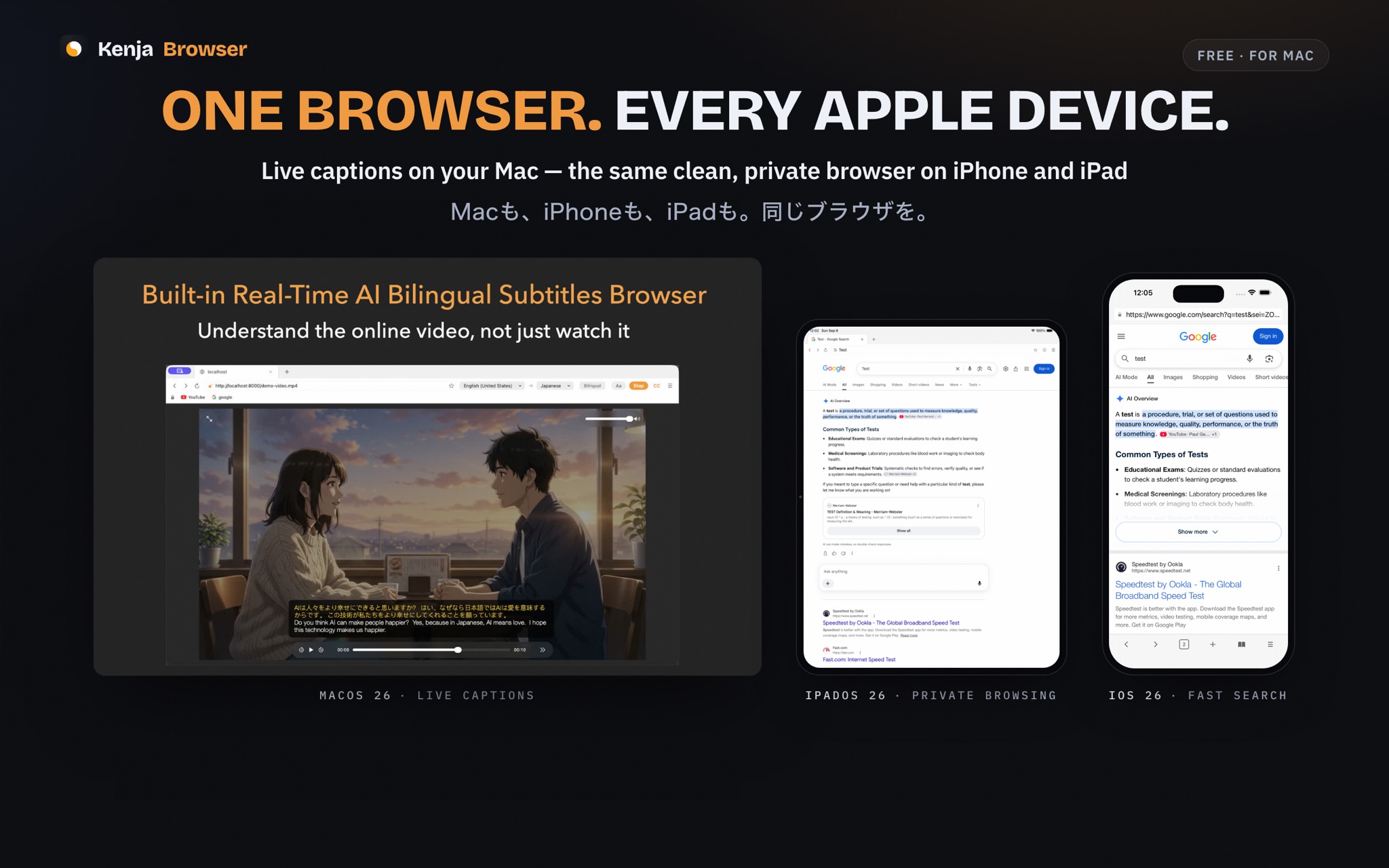 KenjaBrowser running side by side on a Mac, an iPad, and an iPhone