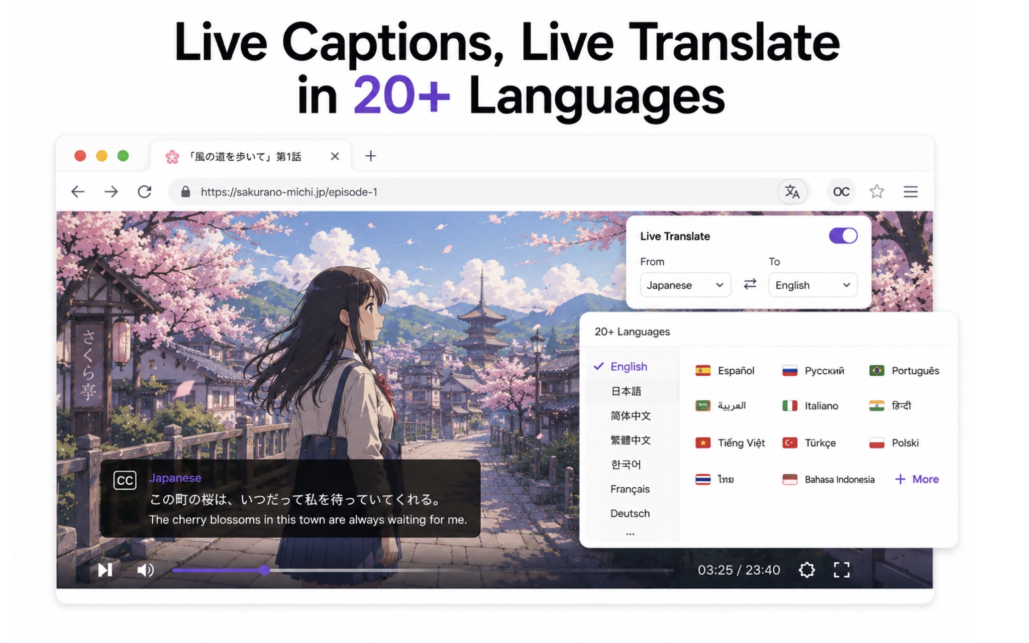 KenjaBrowser language coverage: speech recognition in 14 languages, translation into 25