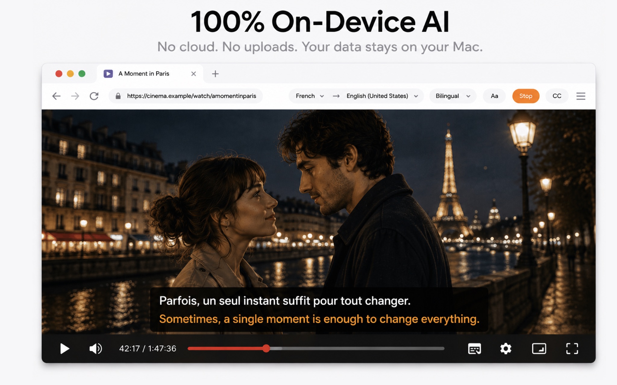 KenjaBrowser showing live bilingual captions on a news website's embedded video