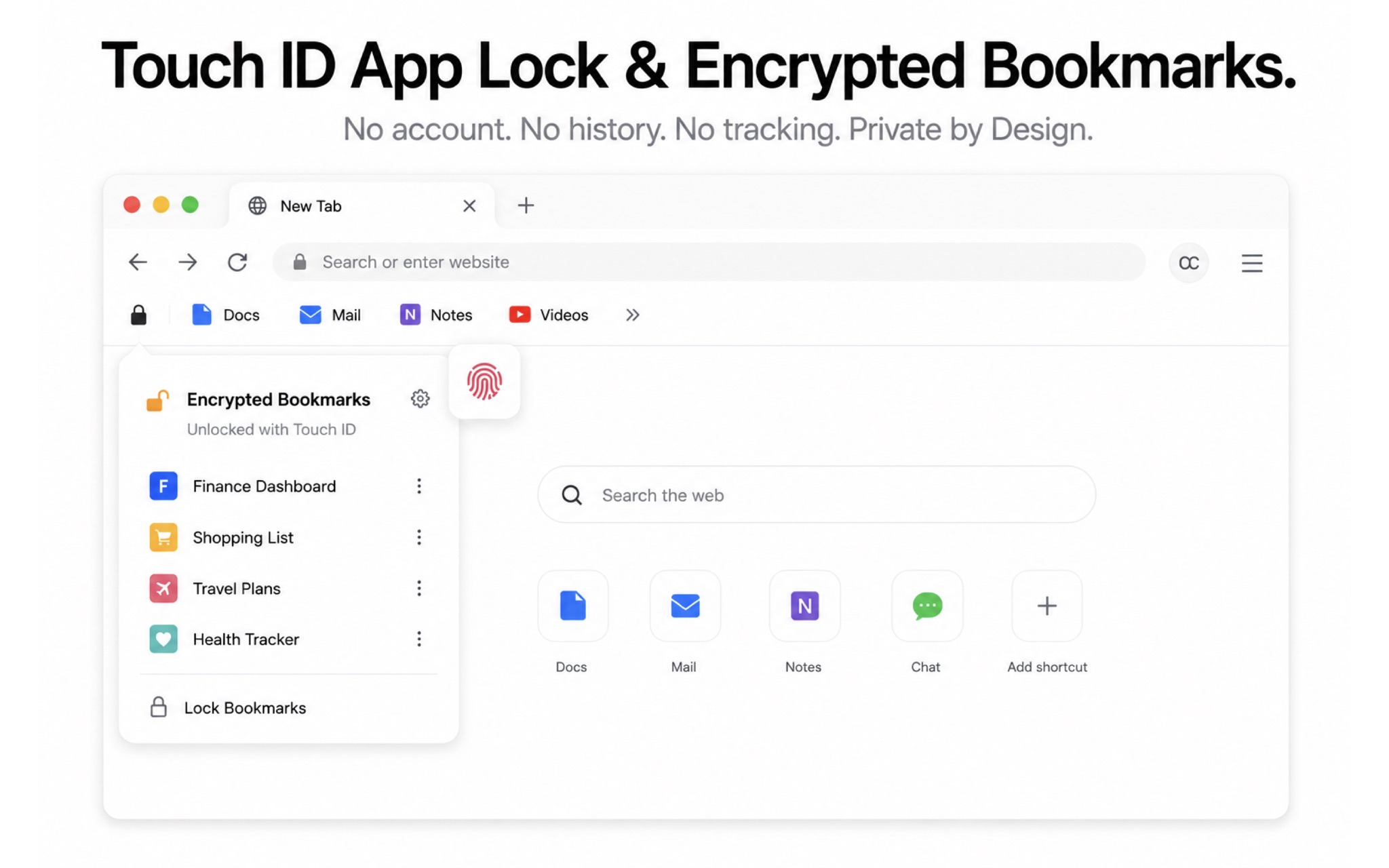 KenjaBrowser privacy features: ad blocker shield, Touch ID lock, and encrypted bookmarks